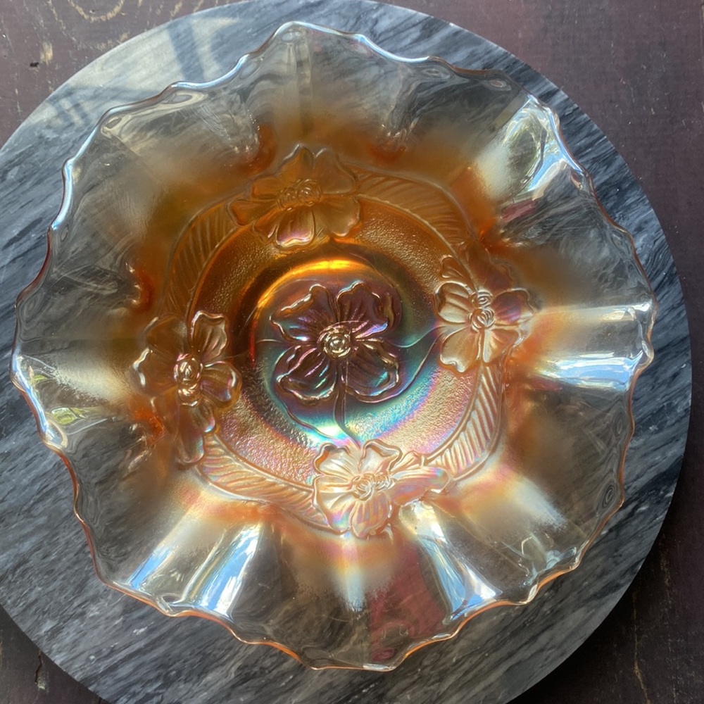 Dugan Apple Blossom Marigold Carnival Glass Bowl (1912)